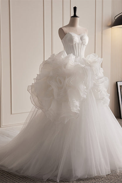 White Strapless Ruffle Layers A-line Tulle Long Prom Dress