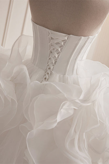 White Strapless Ruffle Layers A-line Tulle Long Prom Dress