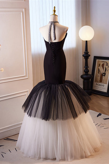 Herbene Black Halter Mermaid Tulle Long Prom Dress