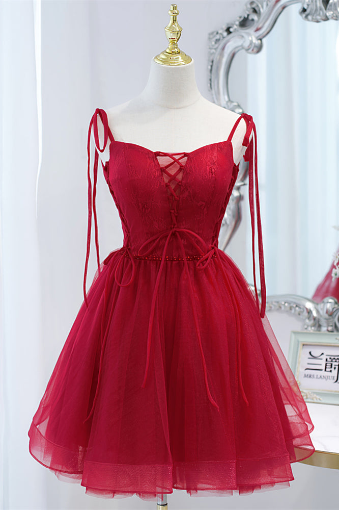 Wine Red Bow Tie Lace-Up Deep V Beaded Homecoming Dress