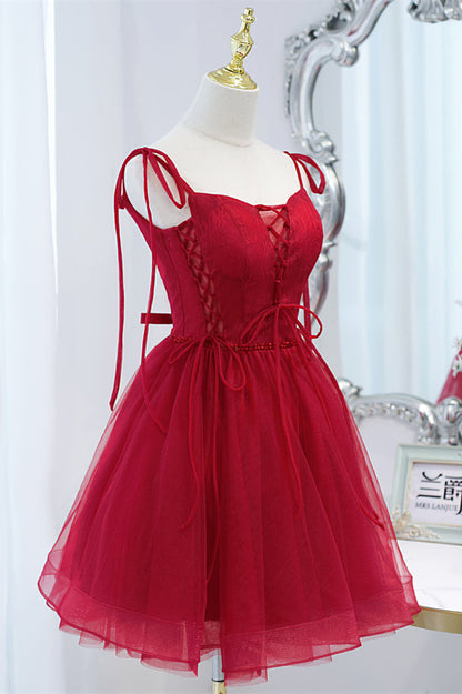 Wine Red Bow Tie Lace-Up Deep V Beaded Homecoming Dress