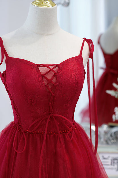 Wine Red Bow Tie Lace-Up Deep V Beaded Homecoming Dress