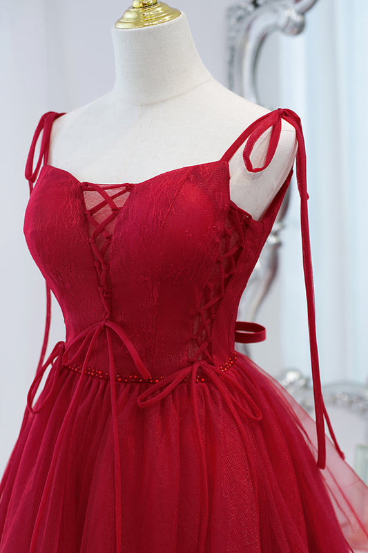 Wine Red Bow Tie Lace-Up Deep V Beaded Homecoming Dress