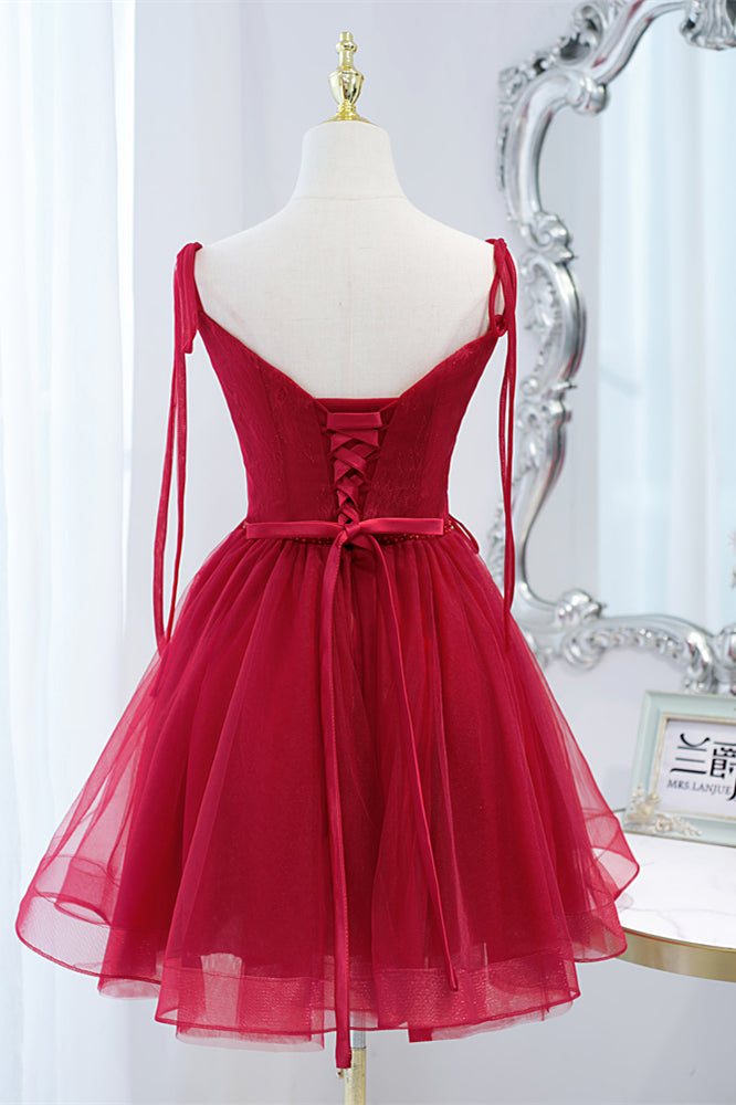 Wine Red Bow Tie Lace-Up Deep V Beaded Homecoming Dress