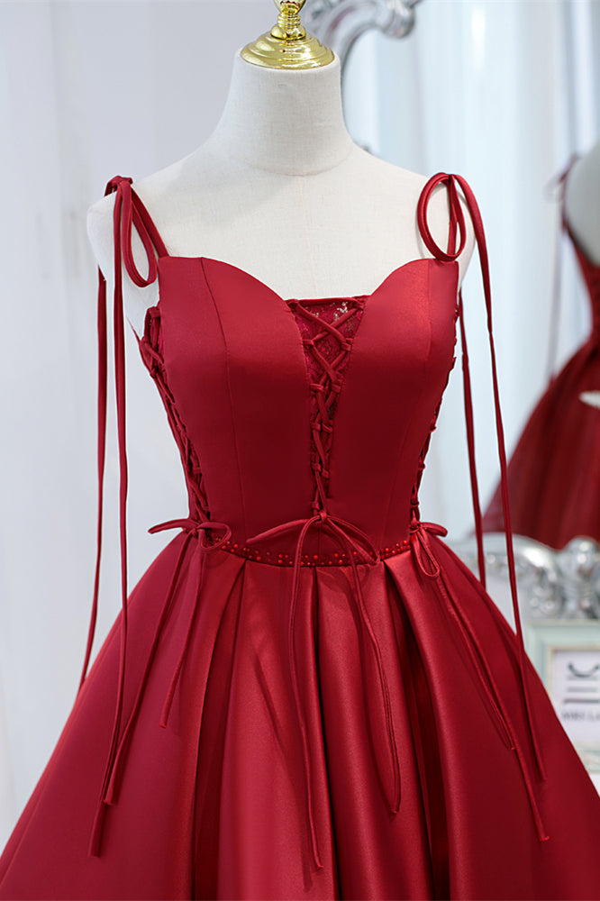 Wine Red Bow Tie Lace-Up Deep V Beaded Homecoming Dress