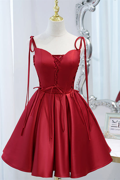 Wine Red Bow Tie Lace-Up Deep V Beaded Homecoming Dress