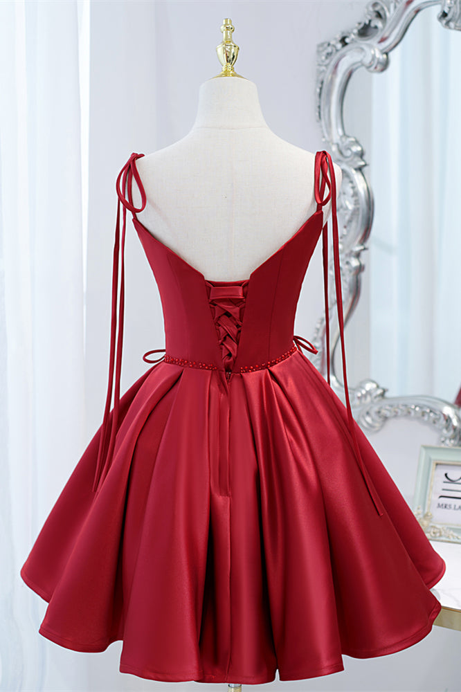 Wine Red Bow Tie Lace-Up Deep V Beaded Homecoming Dress