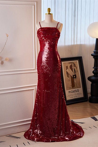 Red Sequins Mermaid Straps Lace-Up Long Prom Dress