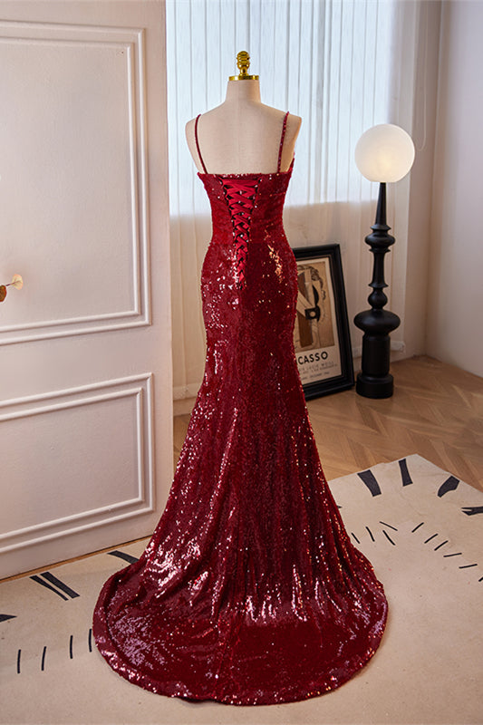 Red Sequins Mermaid Straps Lace-Up Long Prom Dress