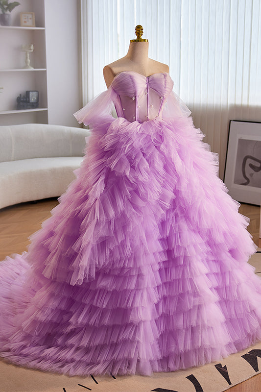 Lavender Off-Shoulder A-line Multi-Layers  Long Prom Dress