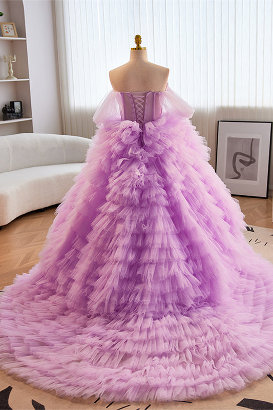 Lavender Off-Shoulder A-line Multi-Layers  Long Prom Dress