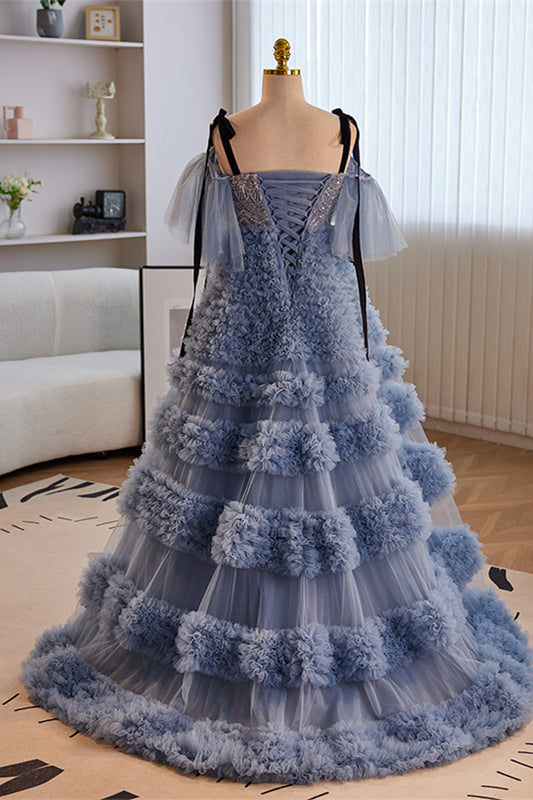 Dusty Blue Off-Shoulder Straps Sequined A-line Ruffle Layers Long Prom Dress