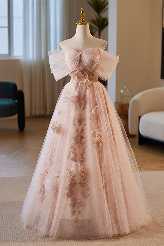 Pink Off-Shoulder A-line 3D Floral Applique Tulle Long Prom Dress