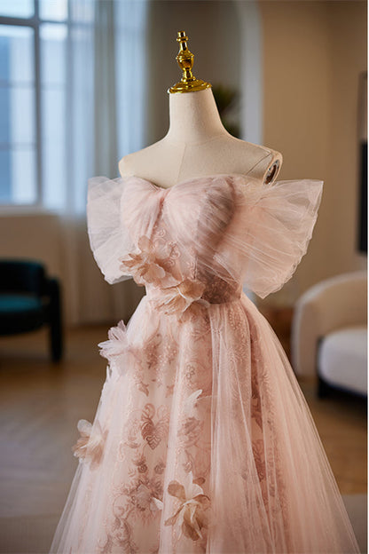 Pink Off-Shoulder A-line 3D Floral Applique Tulle Long Prom Dress