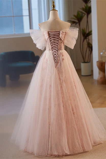 Pink Off-Shoulder A-line 3D Floral Applique Tulle Long Prom Dress