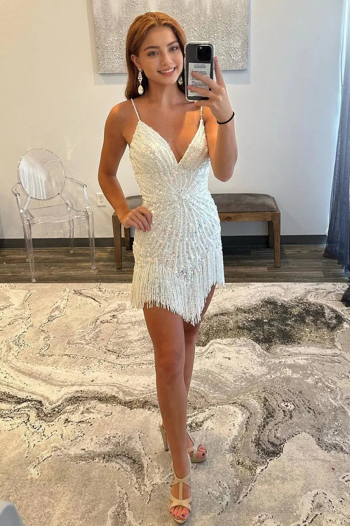 Sheath Spaghetti Straps White Sequins Short Homecoming Dress with Tassel