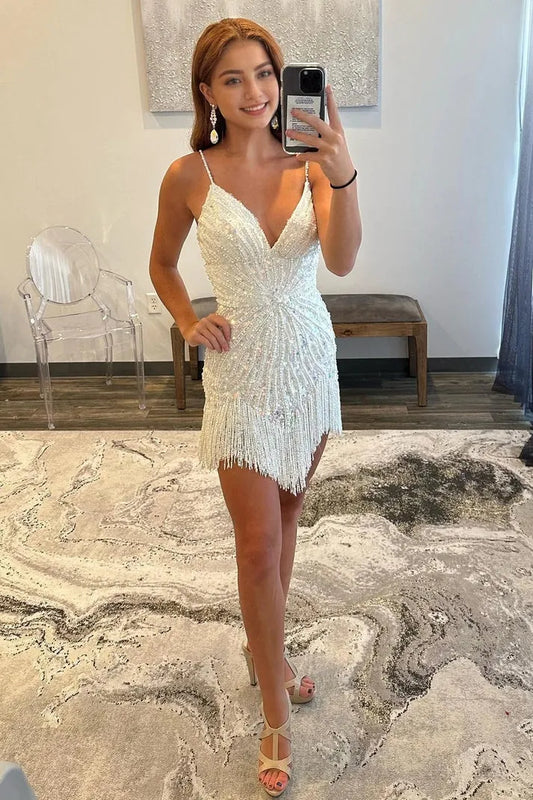 Sheath Spaghetti Straps White Sequins Short Homecoming Dress with Tassel