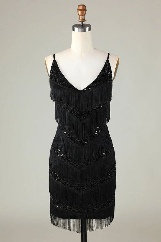 Sparkly Black Sequins Beaded Tight Short Homecoming Dress with Fringes