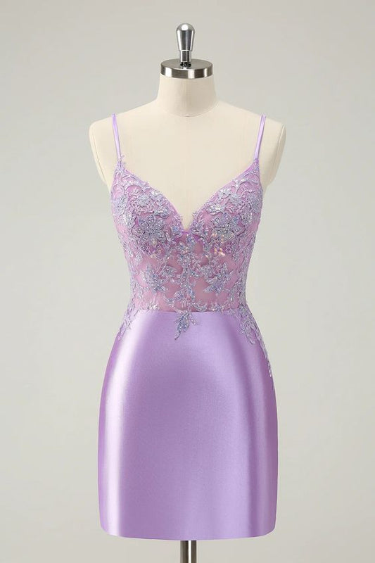 Sparkly Bodycon Lilac Spaghetti Straps Homecoming Dress with Sequins