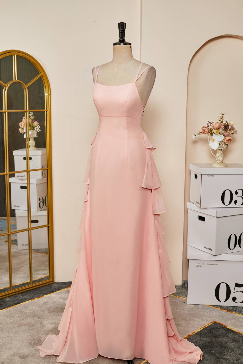 Pink Lace-Up Mermaid Layers Chiffon Long Prom Dress