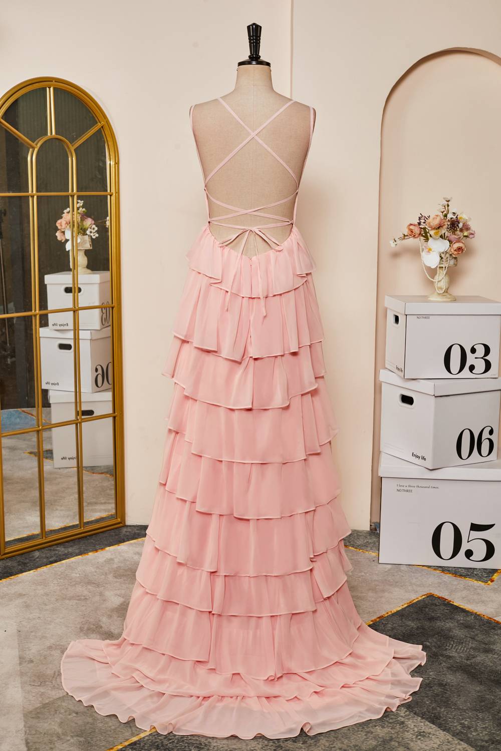 Pink Lace-Up Mermaid Layers Chiffon Long Prom Dress