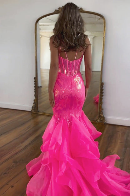 Stunning Hot Pink Mermaid Spaghetti Straps Long Glitter Prom Dress With Ruffles