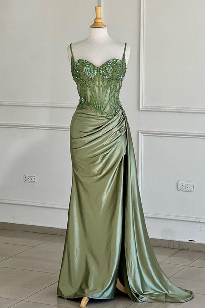 Stunning Mermaid Spaghetti Straps Long Glitter Prom Dress with High Slit