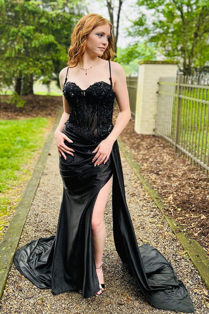 Stunning Mermaid Spaghetti Straps Long Glitter Prom Dress with High Slit