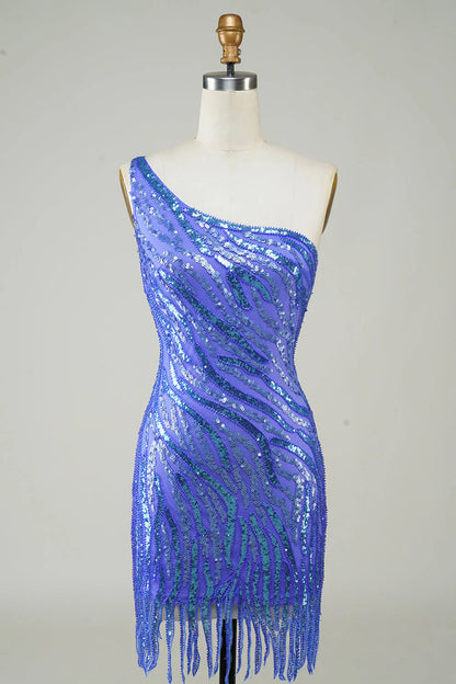 Sparkly Sheath One Shoulder Blue Sequins 1920s Dress