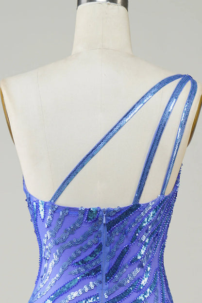 Sparkly Sheath One Shoulder Blue Sequins 1920s Dress