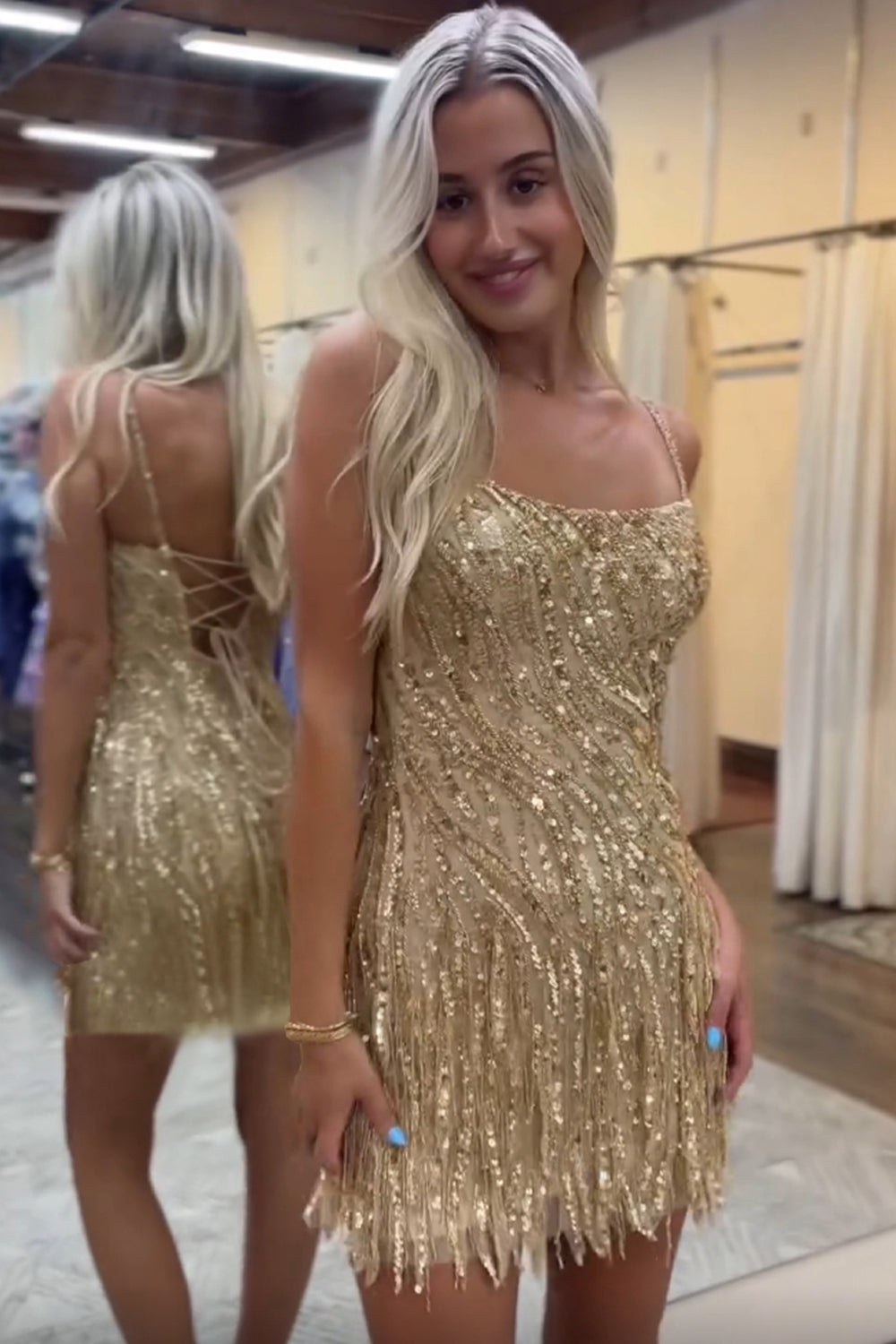 Golden Spaghetti Straps Sequins Bodycon Short Homecoming Dress with Tassel