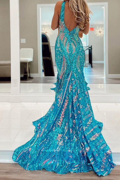 Gorgeous Sparkly Mermaid V-Neck Long Prom Dress With Sequins