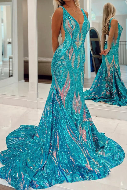 Gorgeous Sparkly Mermaid V-Neck Long Prom Dress With Sequins