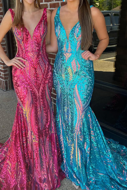 Gorgeous Sparkly Mermaid V-Neck Long Prom Dress With Sequins