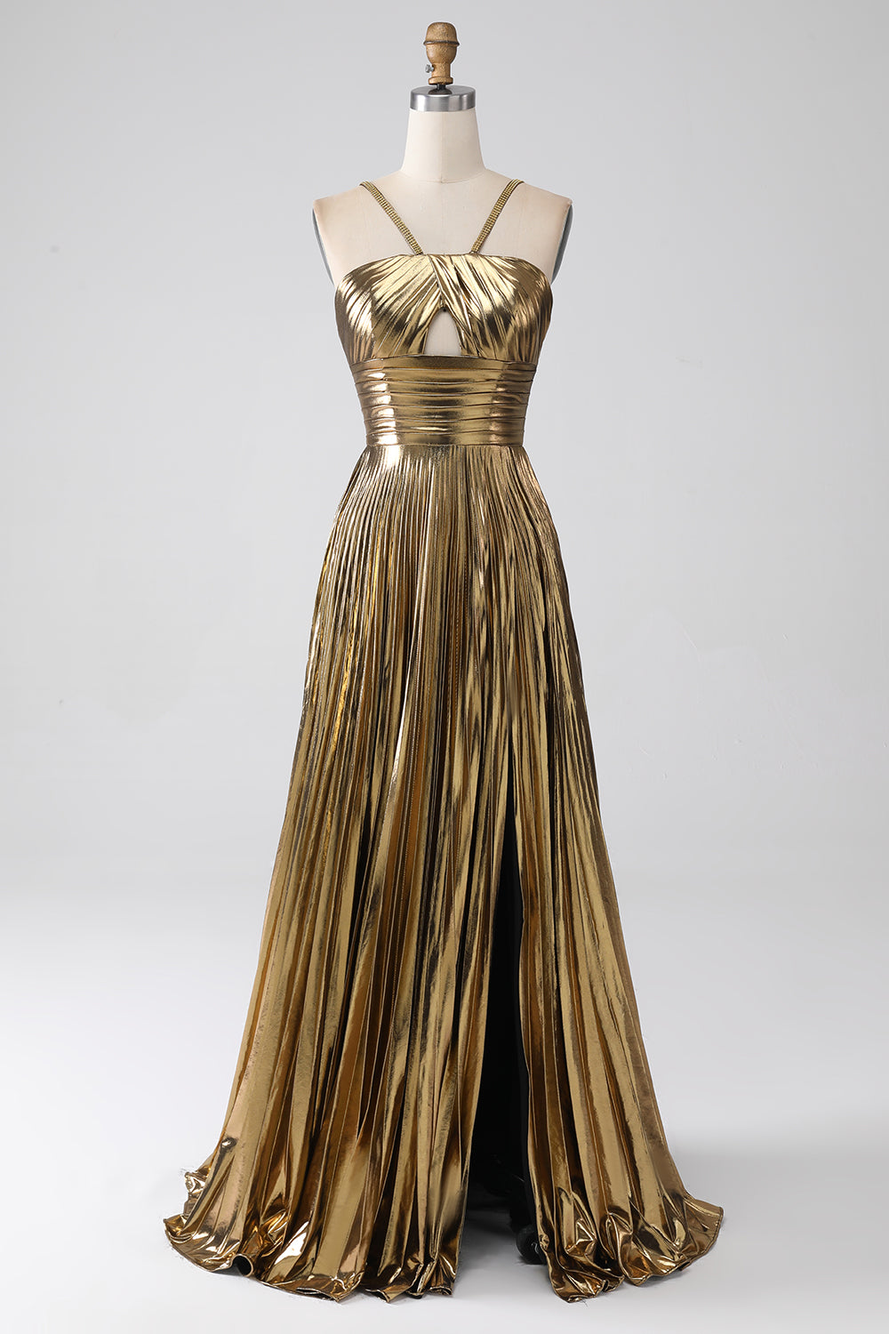 Stylish Gold A-Line Halter Neck Long Prom Dress With Split