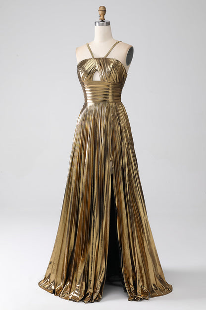 Stylish Gold A-Line Halter Neck Long Prom Dress With Split