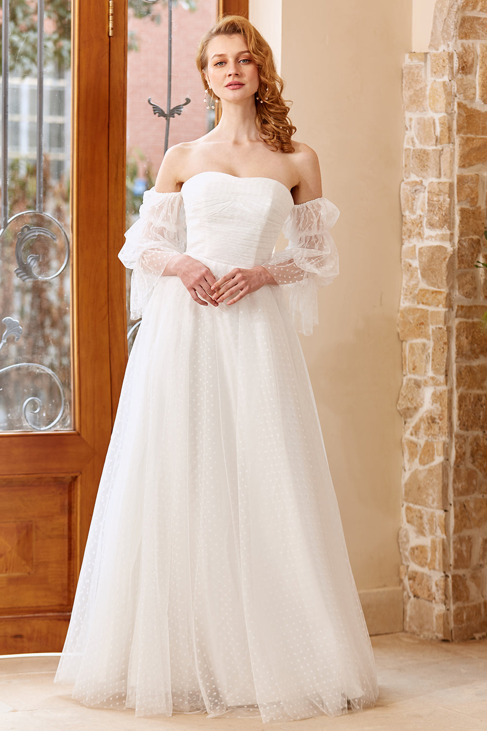 White Tulle Off Shoulder Wedding Dress