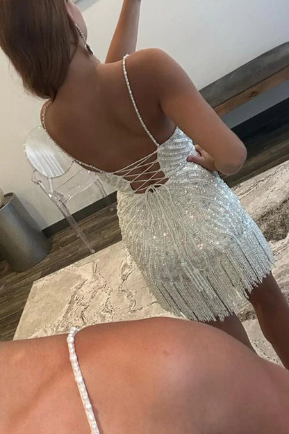 Sheath Spaghetti Straps White Sequins Short Homecoming Dress with Tassel