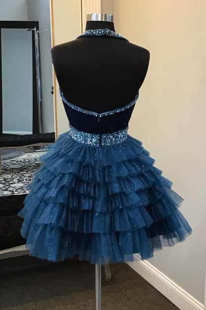 Halter Turquoise Beaded A-line Short Ruffle Homecoming Dress