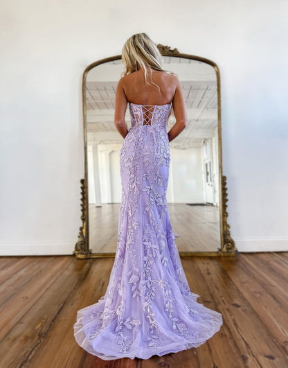 Lilac Mermaid Corset Back Prom Dress With Appliques