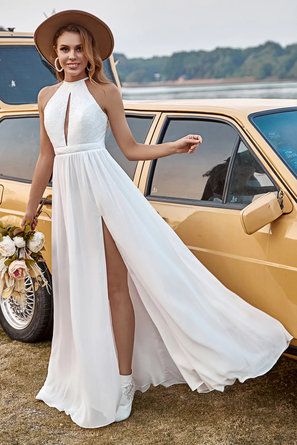 Ivory Lace Chiffon Halter Boho Wedding Dress With Slit