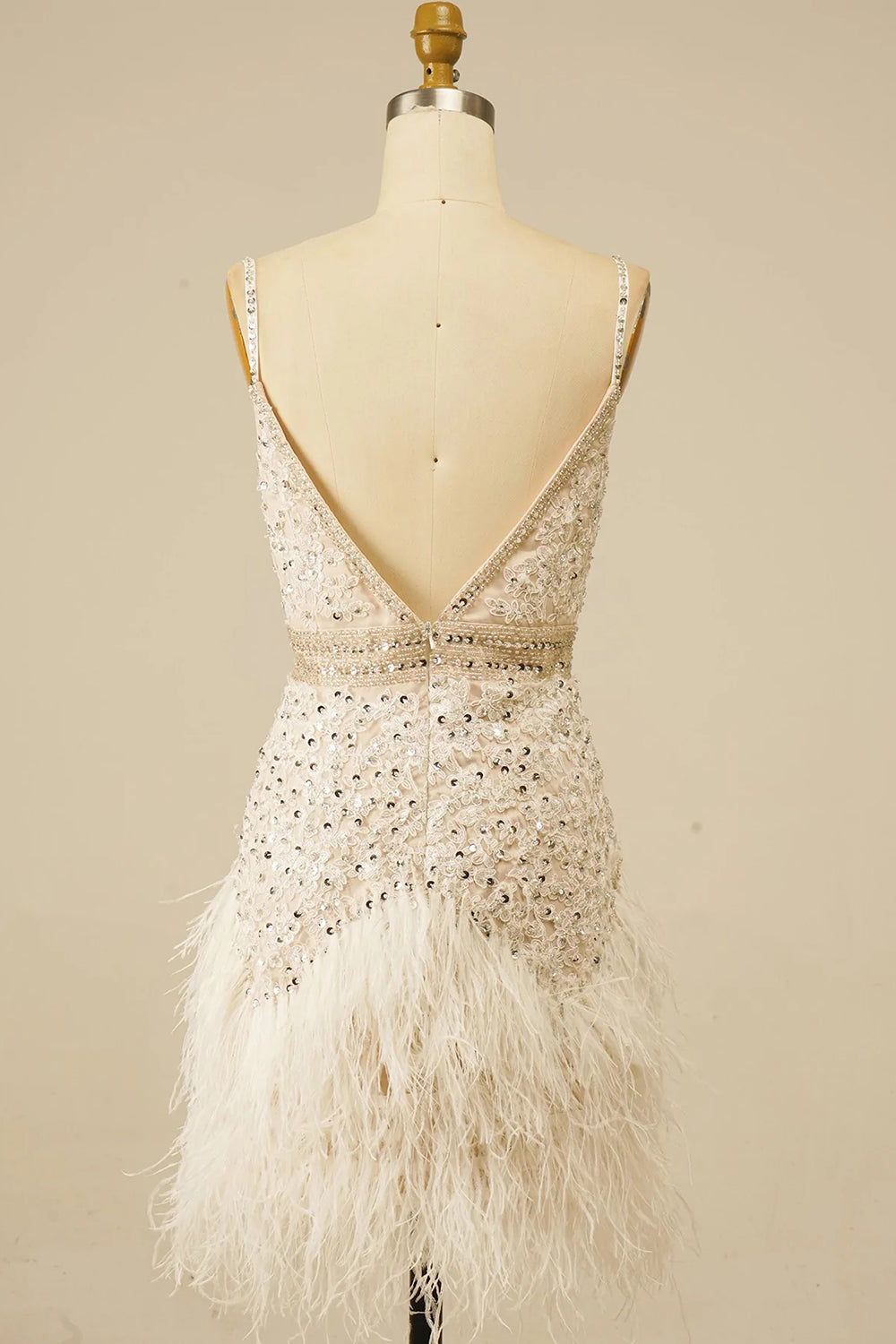 White Spaghetti Straps Sequins Short Homecoming Dress with Feather