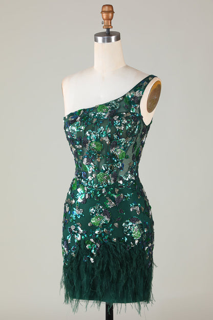 Bodycon One Shoulder Dark Green Sequins Short Homecoming Dress with Feather