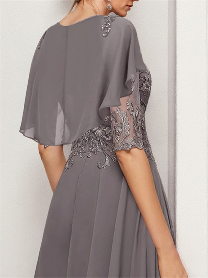 A-line Bateau 1/2 Sleeves Ruffles Asymmetrical Chiffon Mother of the Bride Dress