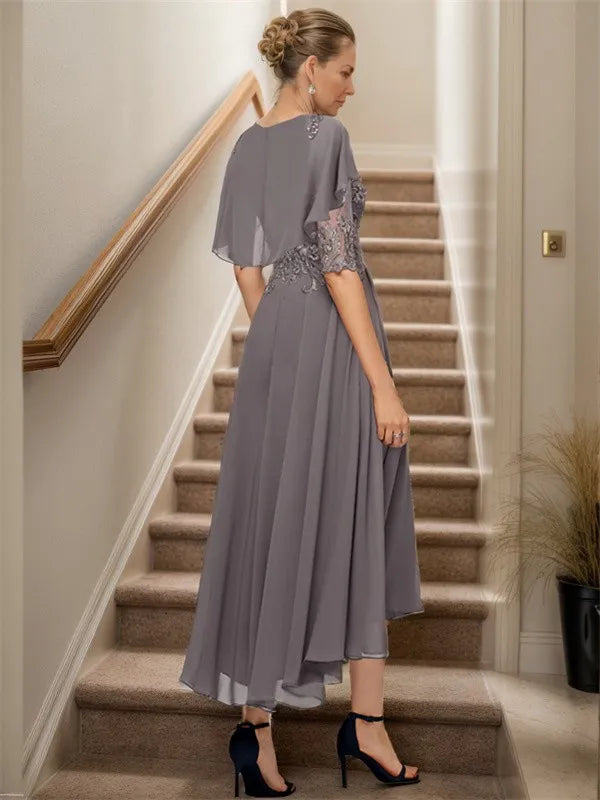 A-line Bateau 1/2 Sleeves Ruffles Asymmetrical Chiffon Mother of the Bride Dress