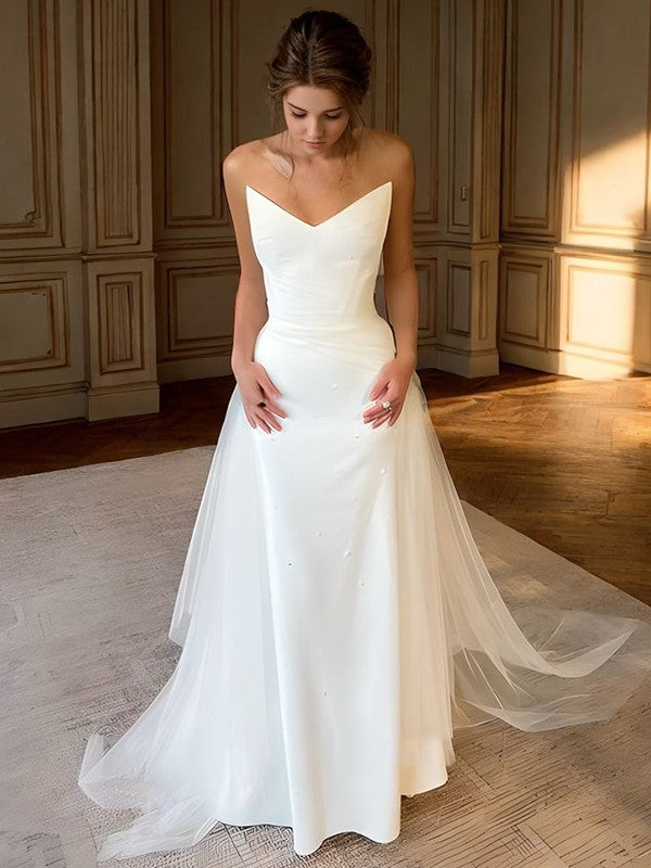 Sheath V-neck Pleated Chapel Train Stretch Crepe Wedding Dress