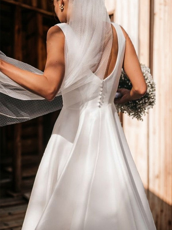 A-line Square Floor-Length Satin Wedding Dress