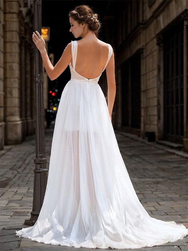 A-line 30D Chiffon Pleated Straps Sleeveless Court Train Wedding Dress