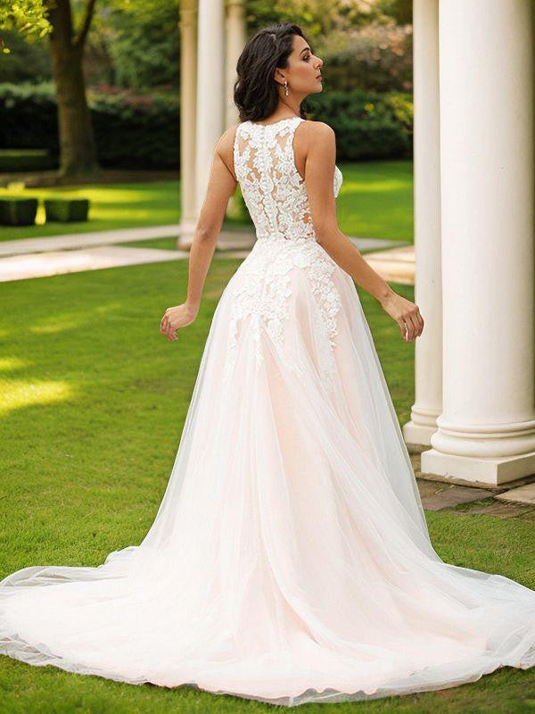 A-Line/Princess Tulle Lace V-neck Sleeveless Court Train Wedding Dresses