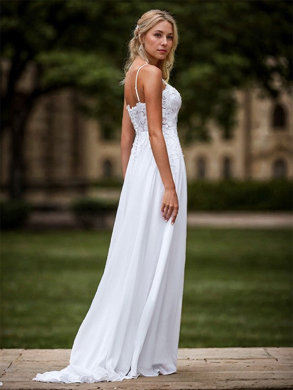 A-line Chiffon Appliques Lace Spaghetti Straps Sleeveless Sweep Train Wedding Dress